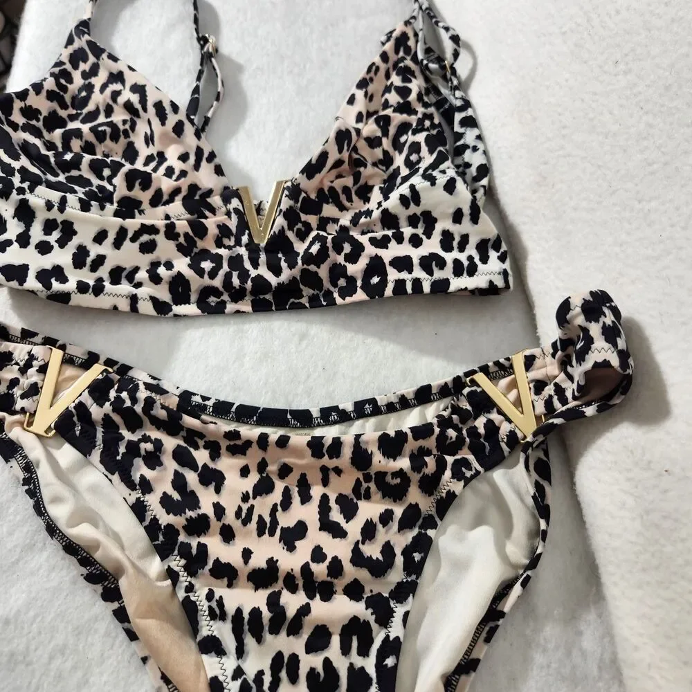 Victoria's Secret Leopard Bombshell  2 Piece Bikini Set Size L Criss Cross Back